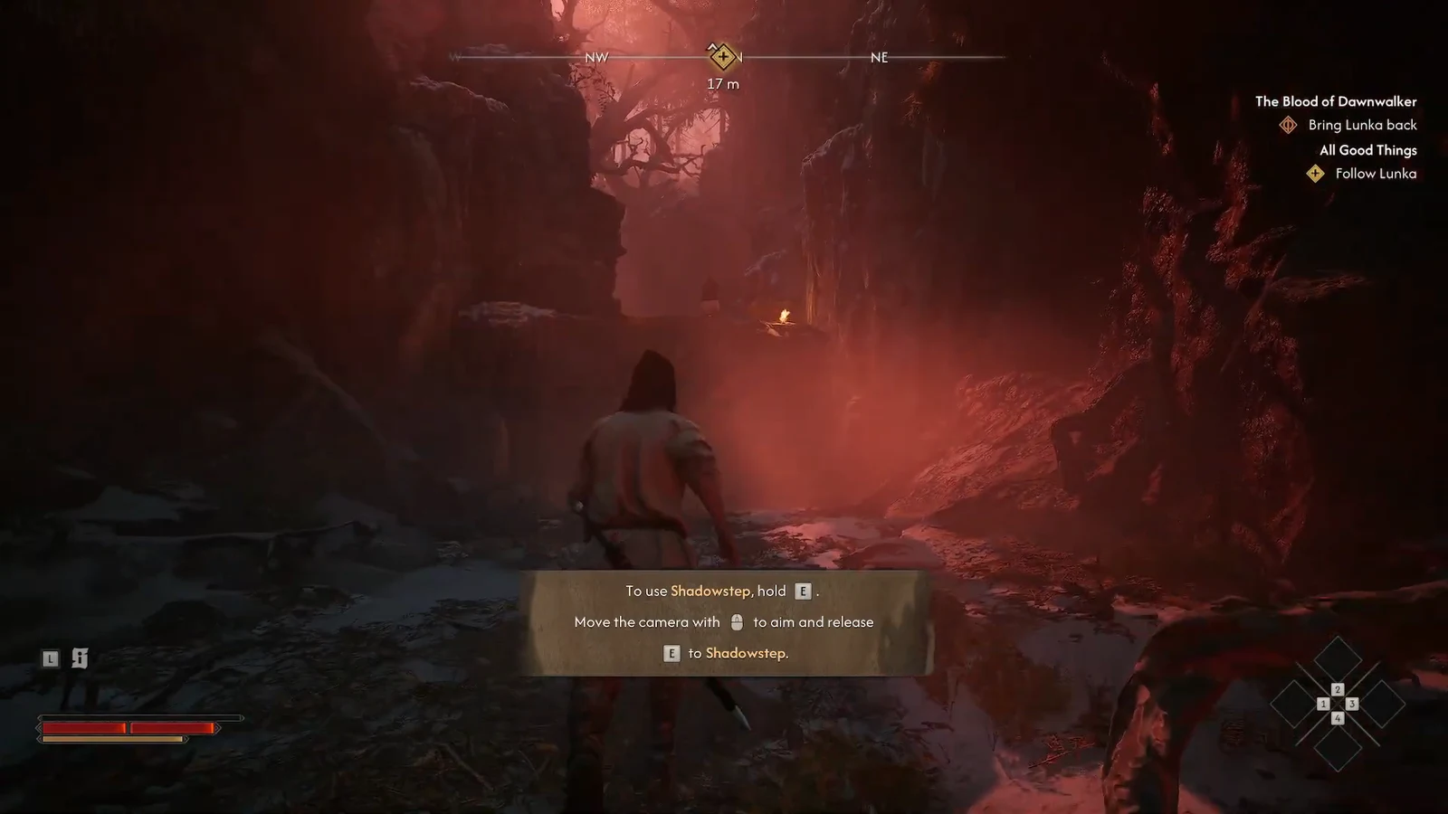 Shadowstep tutorial prompt telling the player to hold E and aim before releasing to teleport