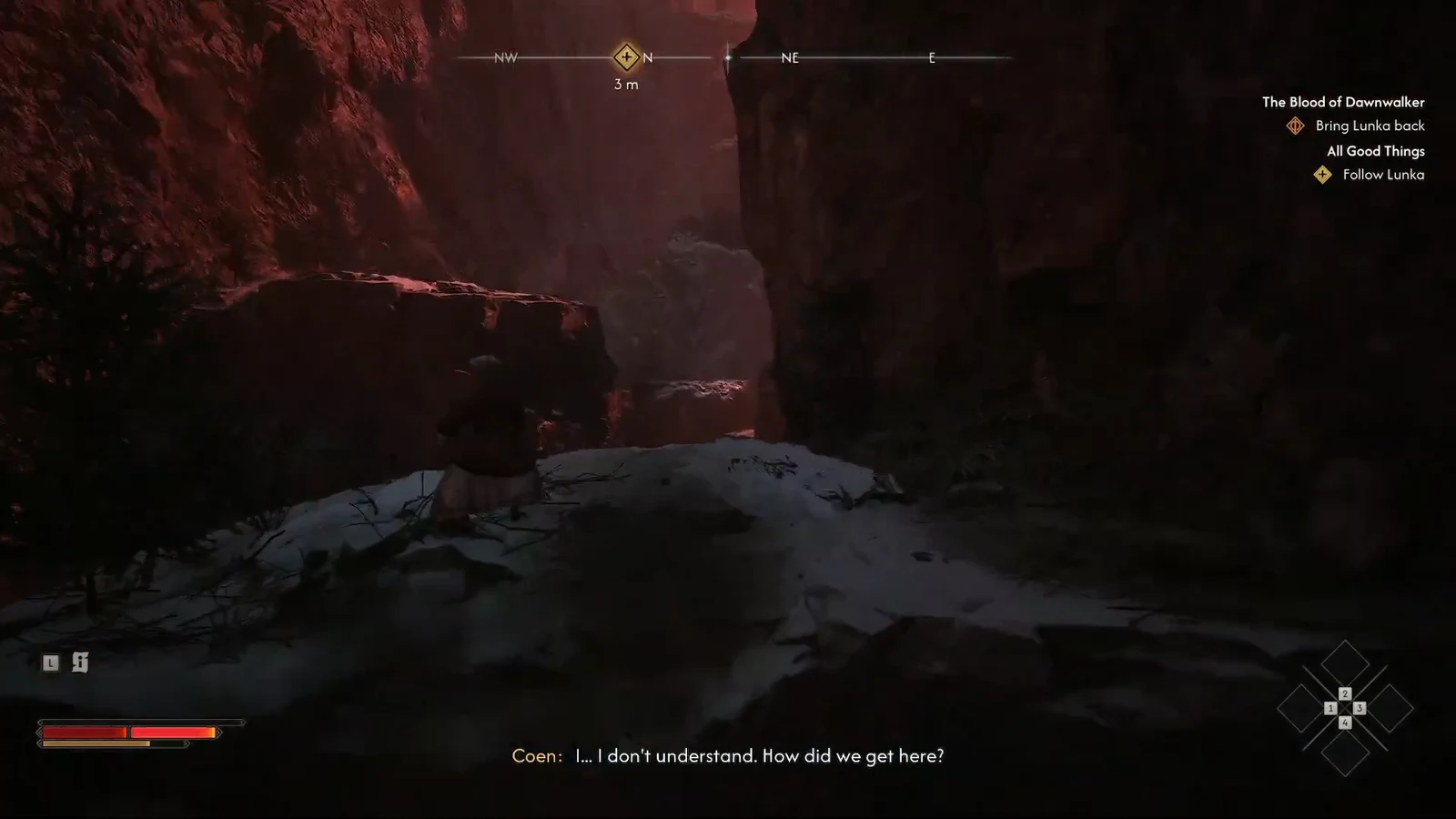 Canyon path ahead with the All Good Things objective marker tracking Lunka