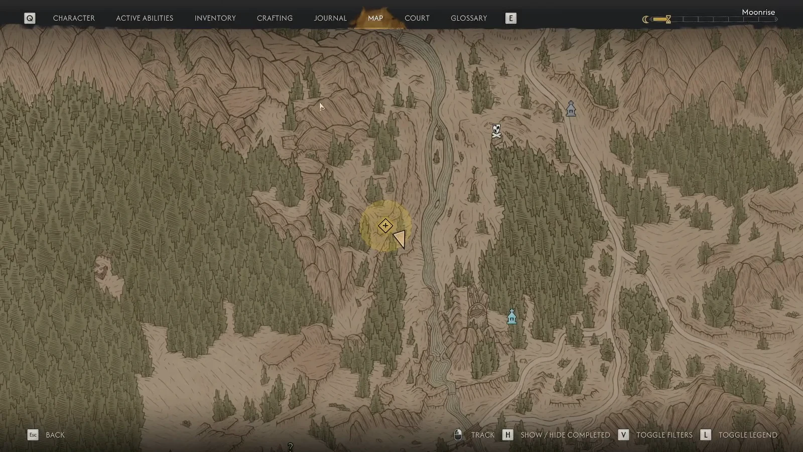 Map screen with the Bear Trouble quest marker highlighted in the river valley near Briar Sloughs