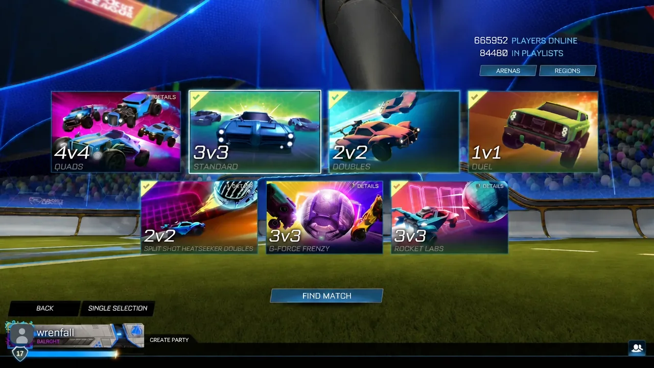 Rocket League playlist selection menu with a mode highlighted and the Find Match button ready
