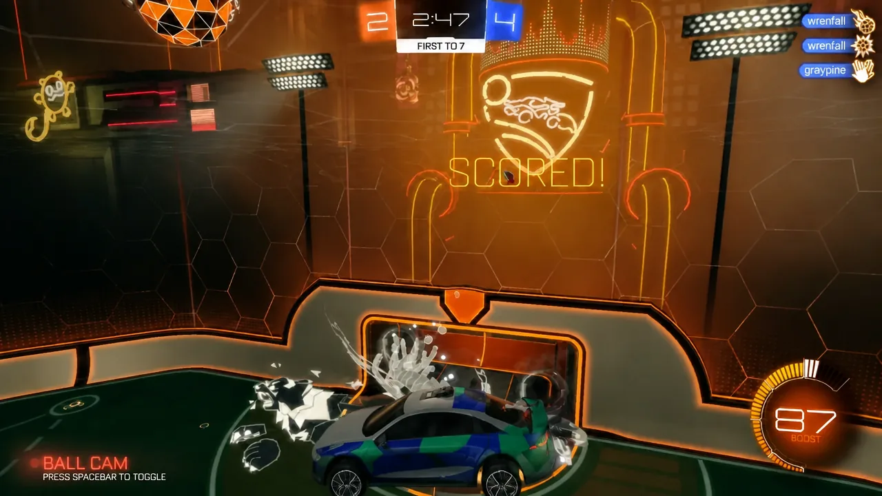 Goal scored notification during a Heatseeker match with the ball cam prompt on screen