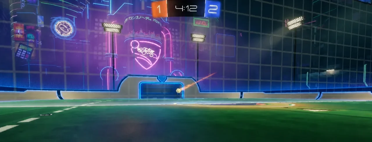 Heatseeker ball curving toward the blue goal as the match clock runs down