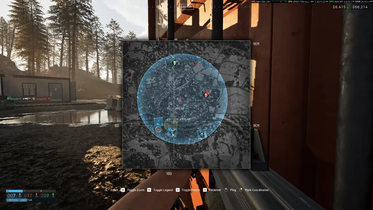 Map overlay showing tower markers and the Hot Zone circle inside the Control Zone