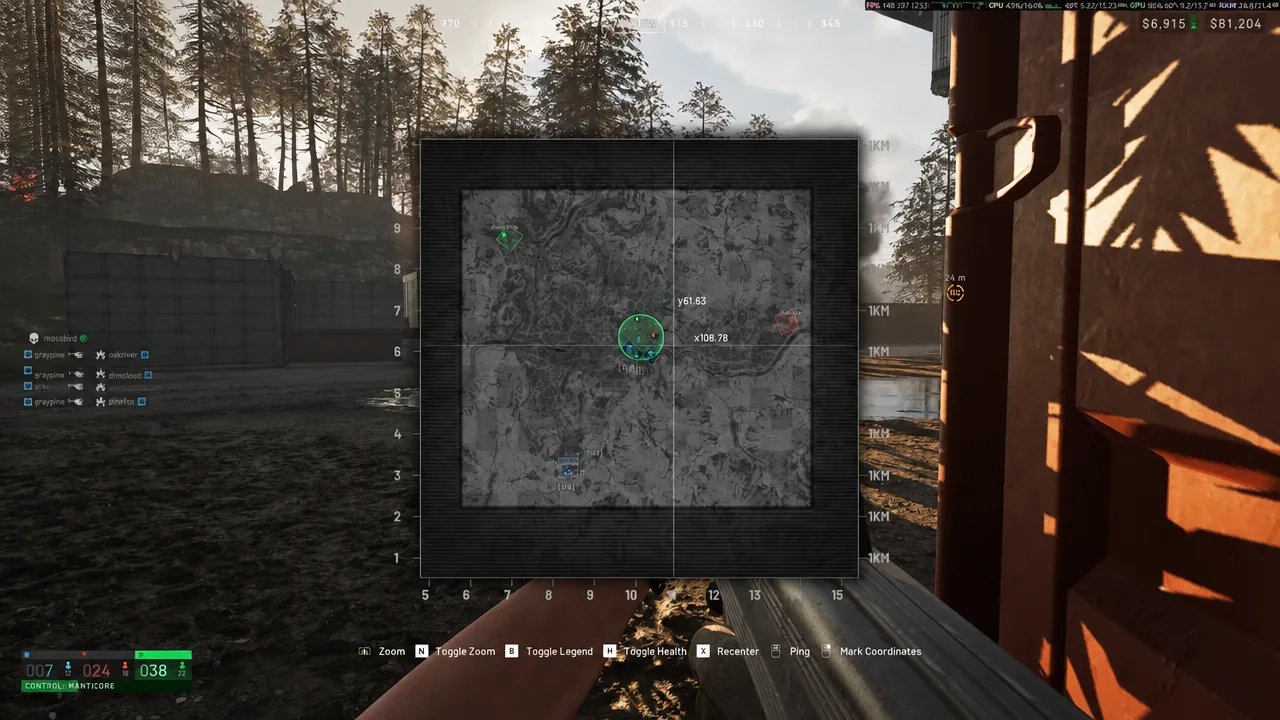 Tactical map open in WARDOGS with the player marker inside the green Control Zone circle