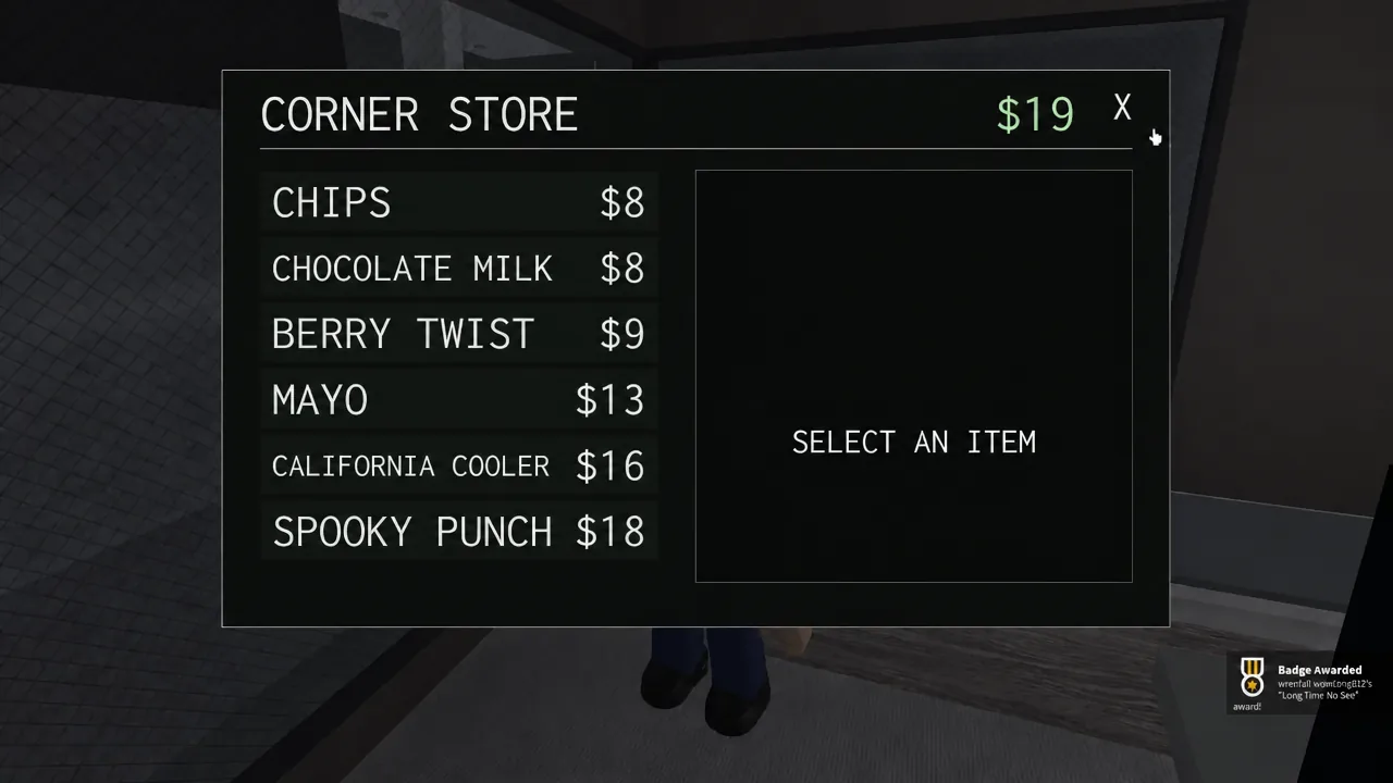 The CORNER STORE shop menu open with no item selected and the X close button visible