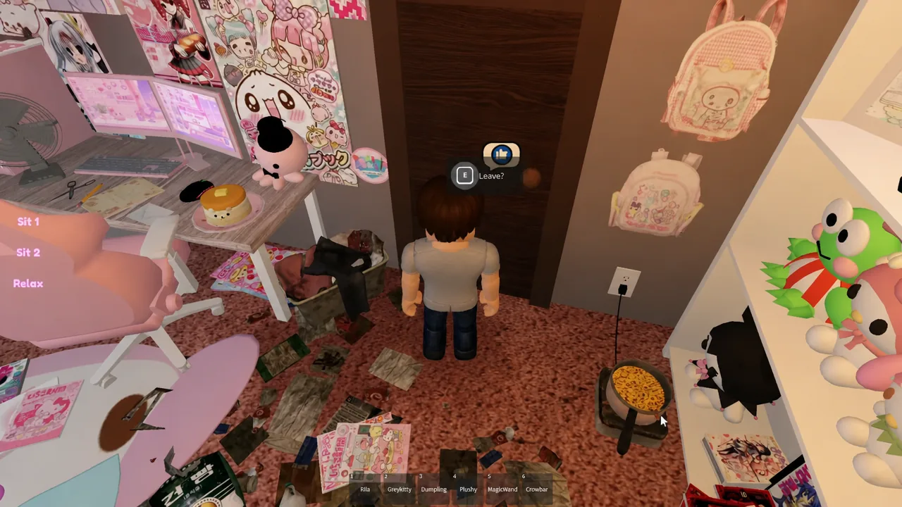 The bedroom door with the E key Leave? prompt highlighted on screen