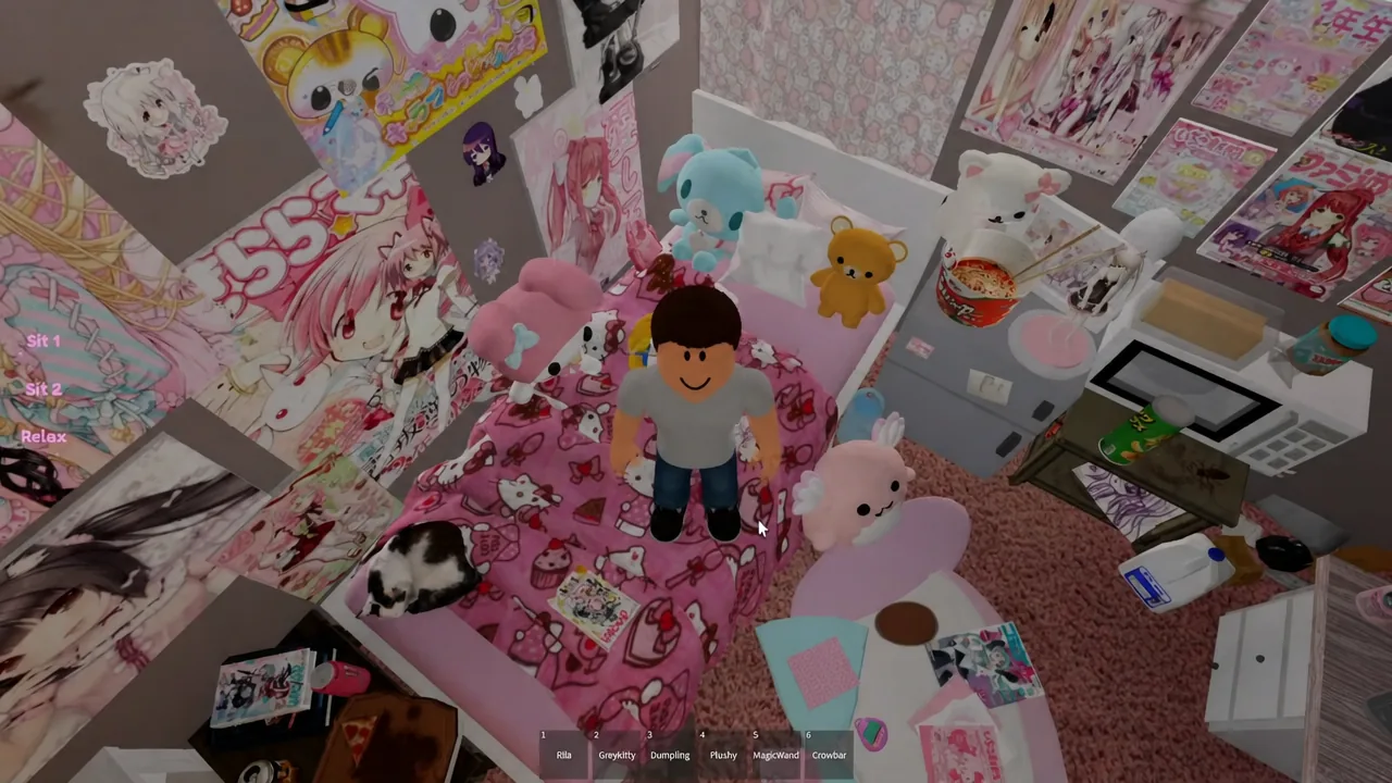 Player character standing on the bed with Sit 1, Sit 2 and Relax buttons on the left