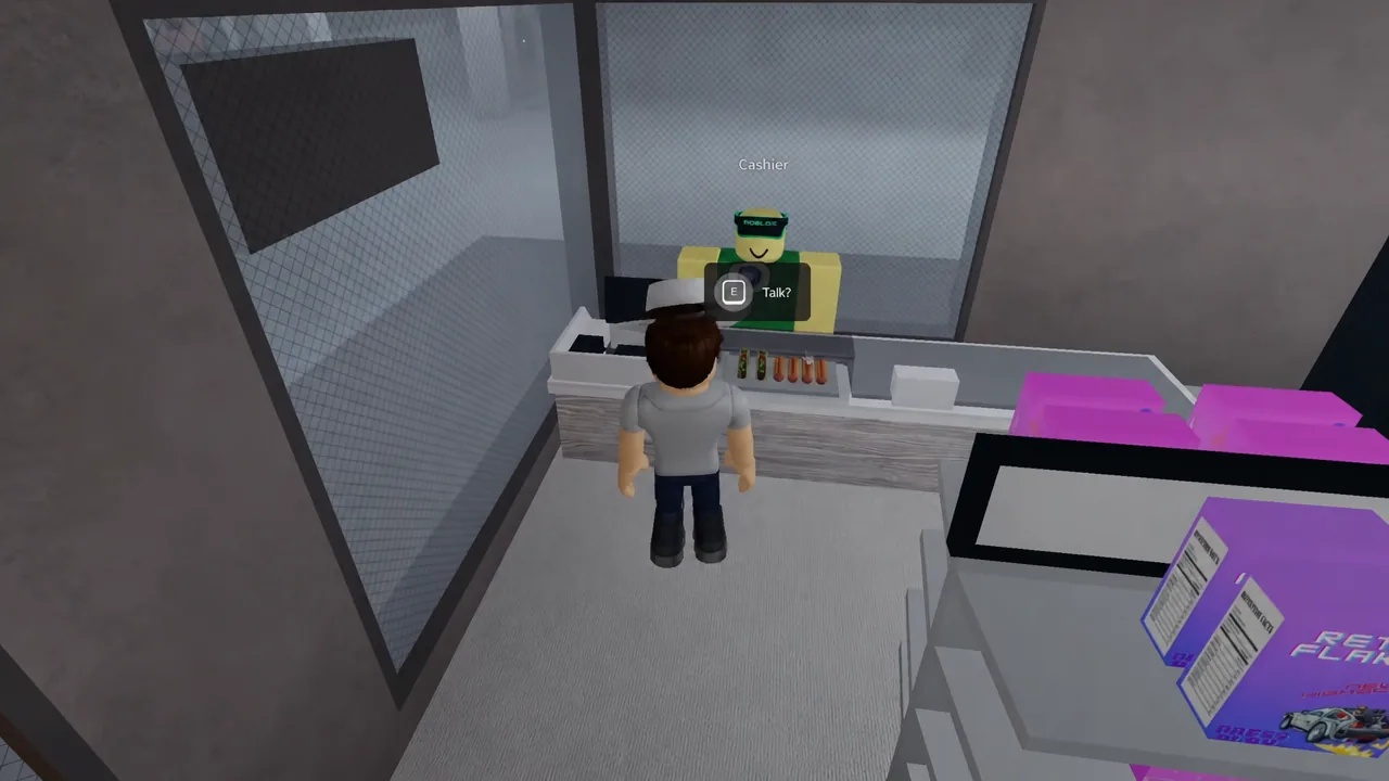The Talk? prompt with the E key highlighted in front of the Cashier NPC