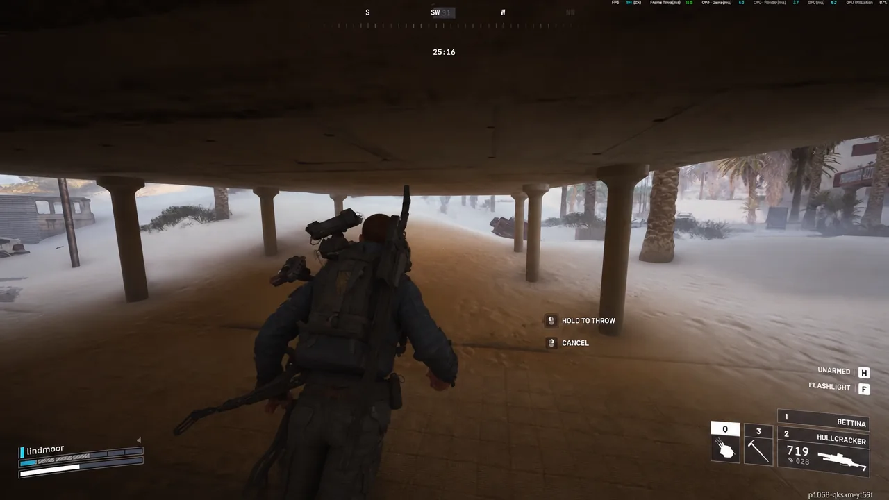 Gameplay HUD showing the HOLD TO THROW prompt as the player readies a Deadline mine