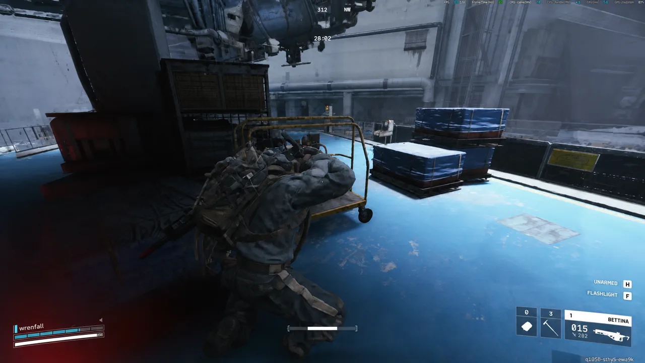 Player crouches behind a cart in an industrial room while destroying Pops for the Trial