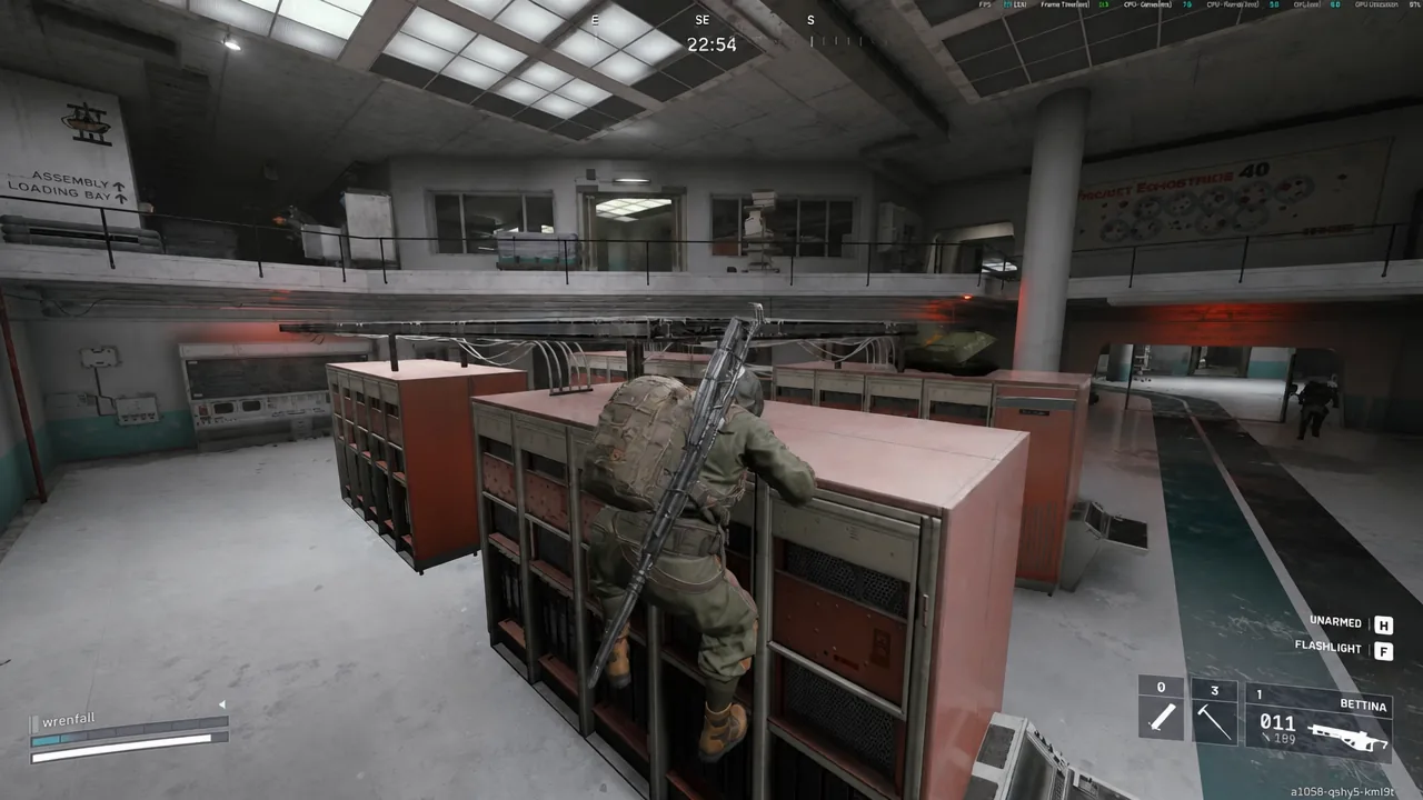 Player vaults over a server cabinet inside a laboratory while searching for weapon crates