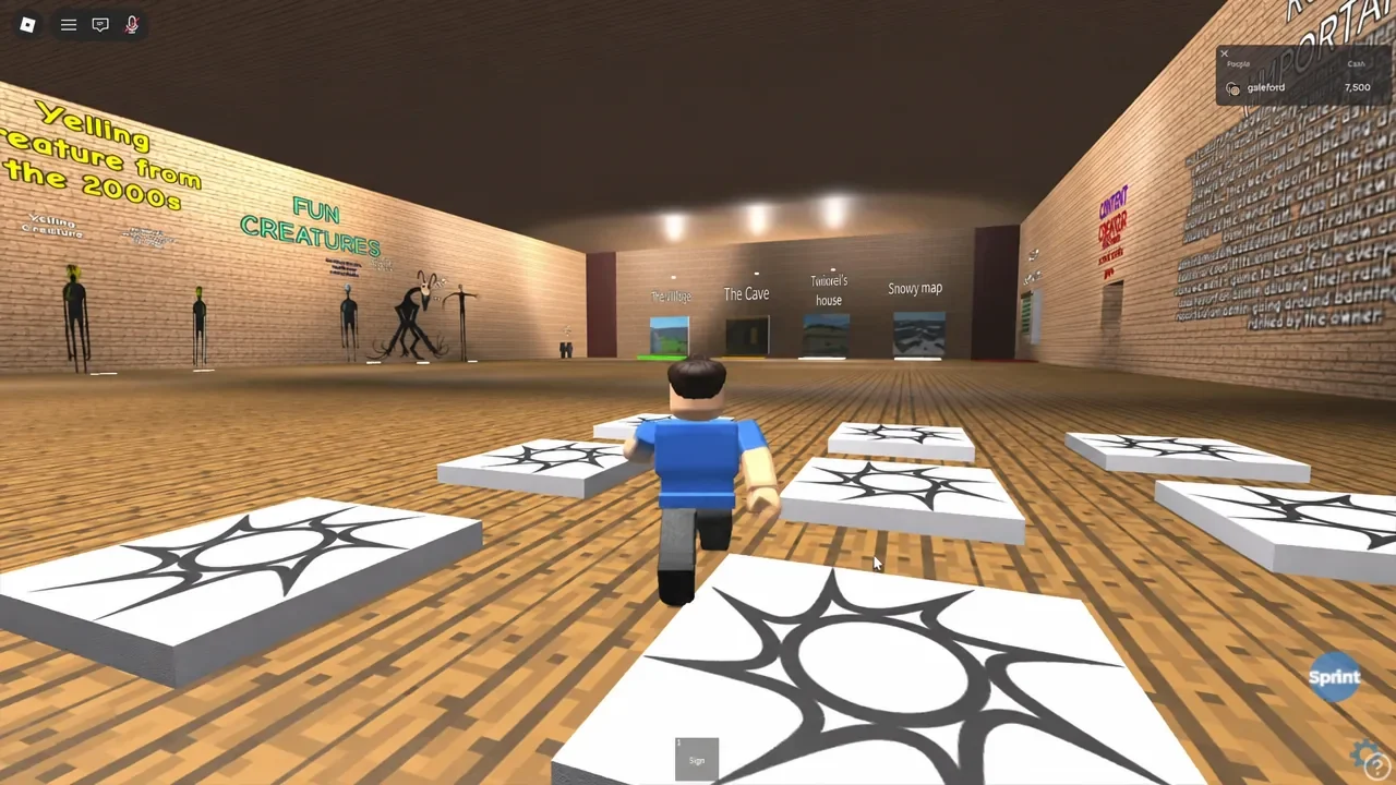 Lobby view of the FUN CREATURES exhibit with the Sprint button on screen