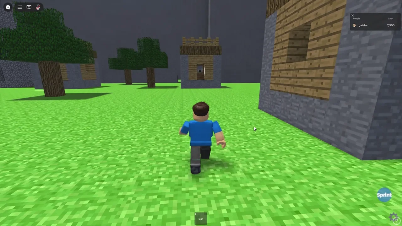 Avatar running toward a block-built structure with the Sign item held in the hotbar