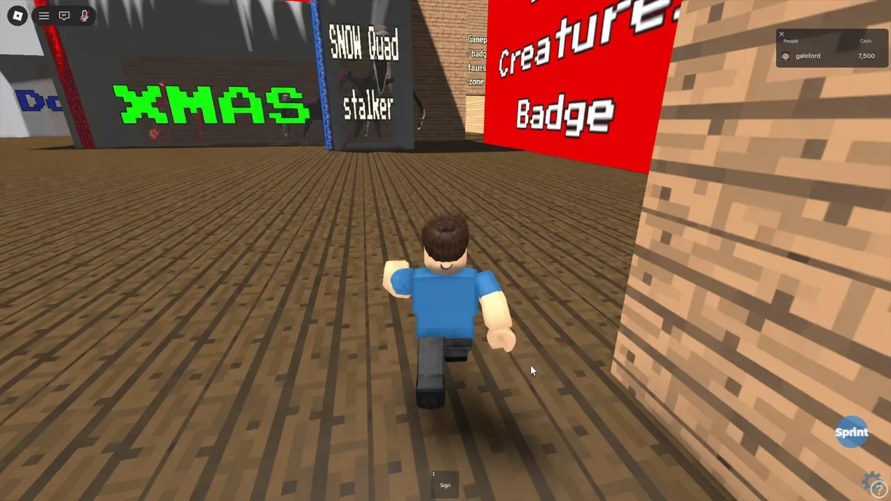 Running down a badge room corridor toward a sign display inside the lobby