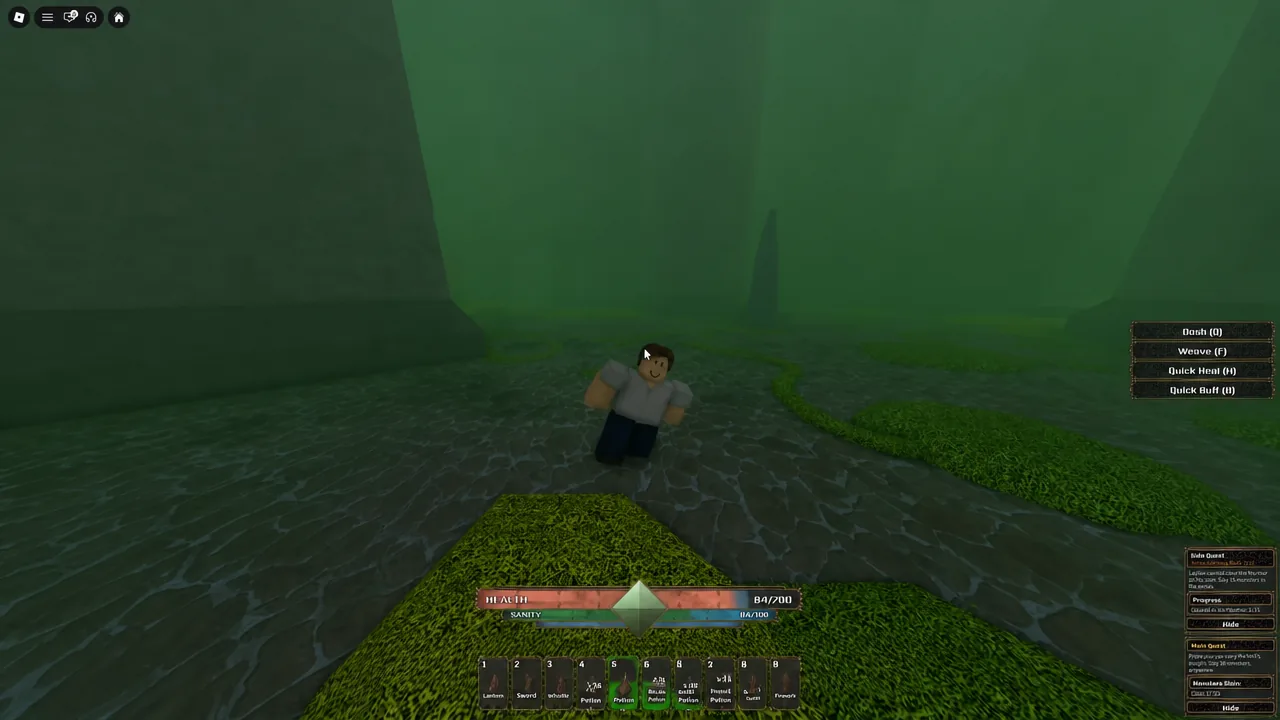Player character standing in the green fog of The Veil during a run toward the story boss