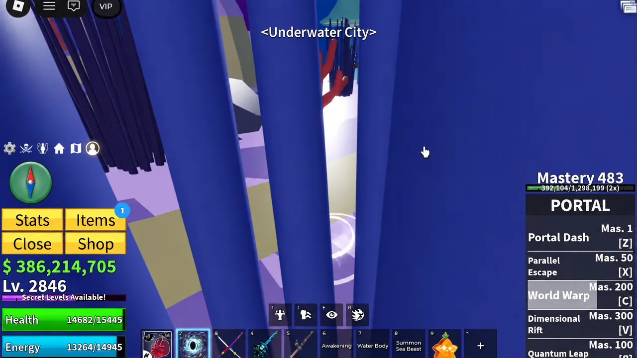 Portal ability menu open at Underwater City with World Warp highlighted