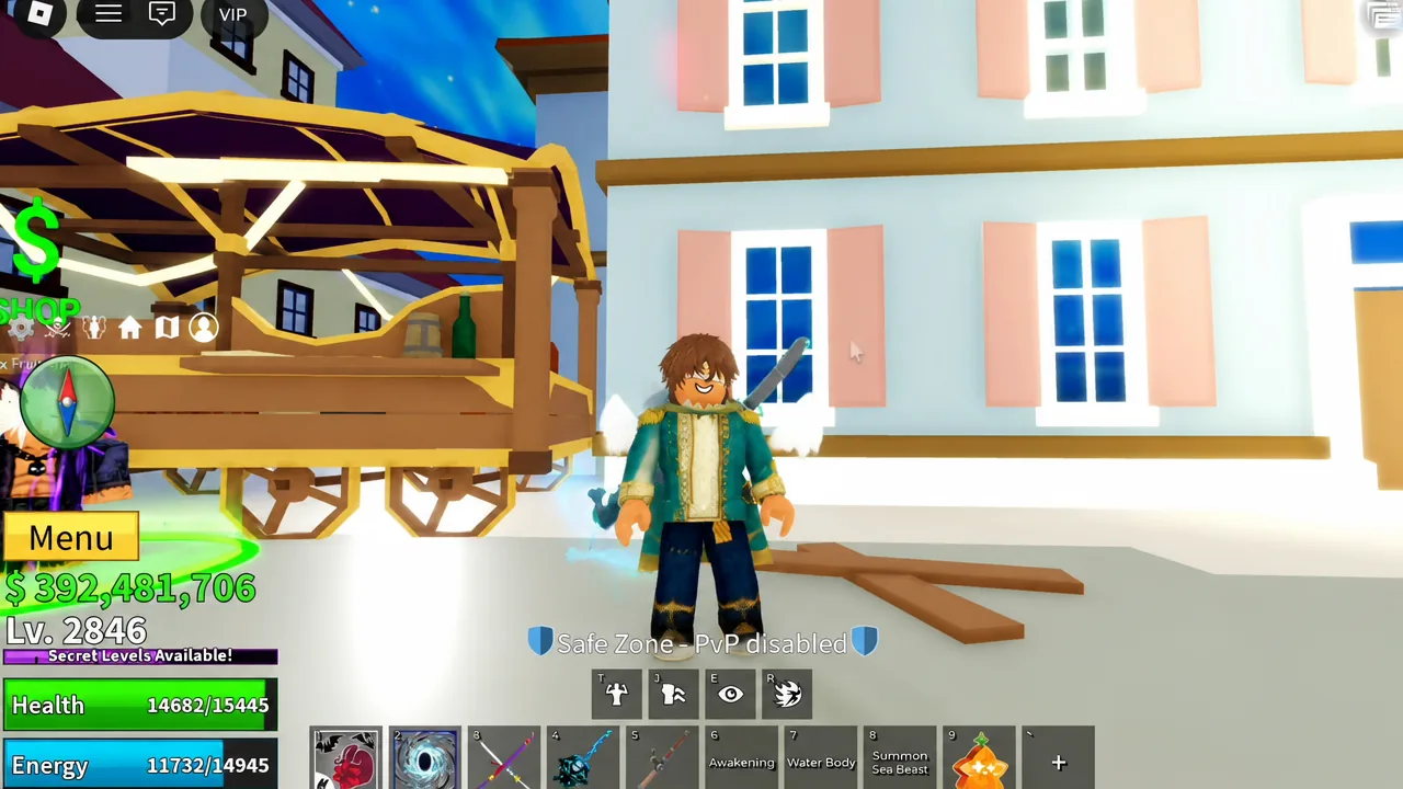 Blox Fruits main screen with the yellow Menu button visible while the player stands in a Safe Zone