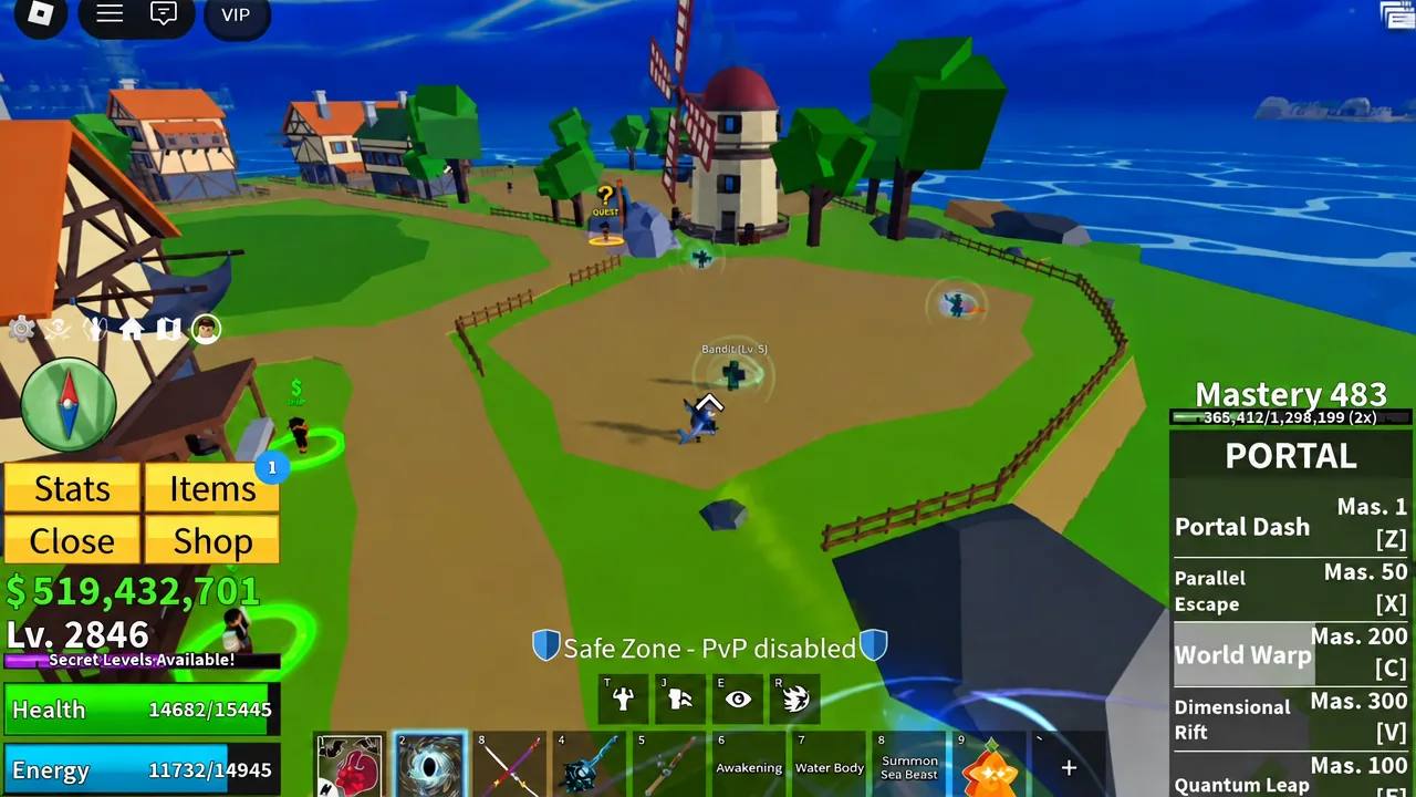Player fighting a Bandit near the Safe Zone with the Portal ability panel open