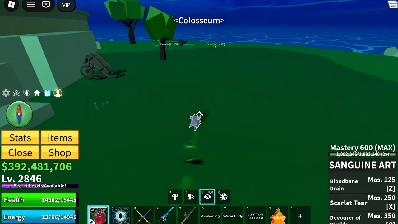 Colosseum area in Blox Fruits with the Sanguine Art mastery panel on screen during the token run