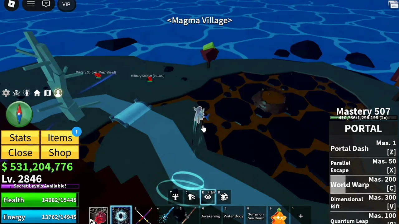 Magma Village with the Portal menu open and World Warp [C] highlighted mid-route