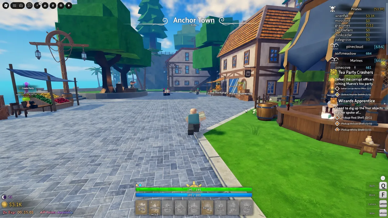 Player running through the Anchor Town plaza with an active quest panel on screen