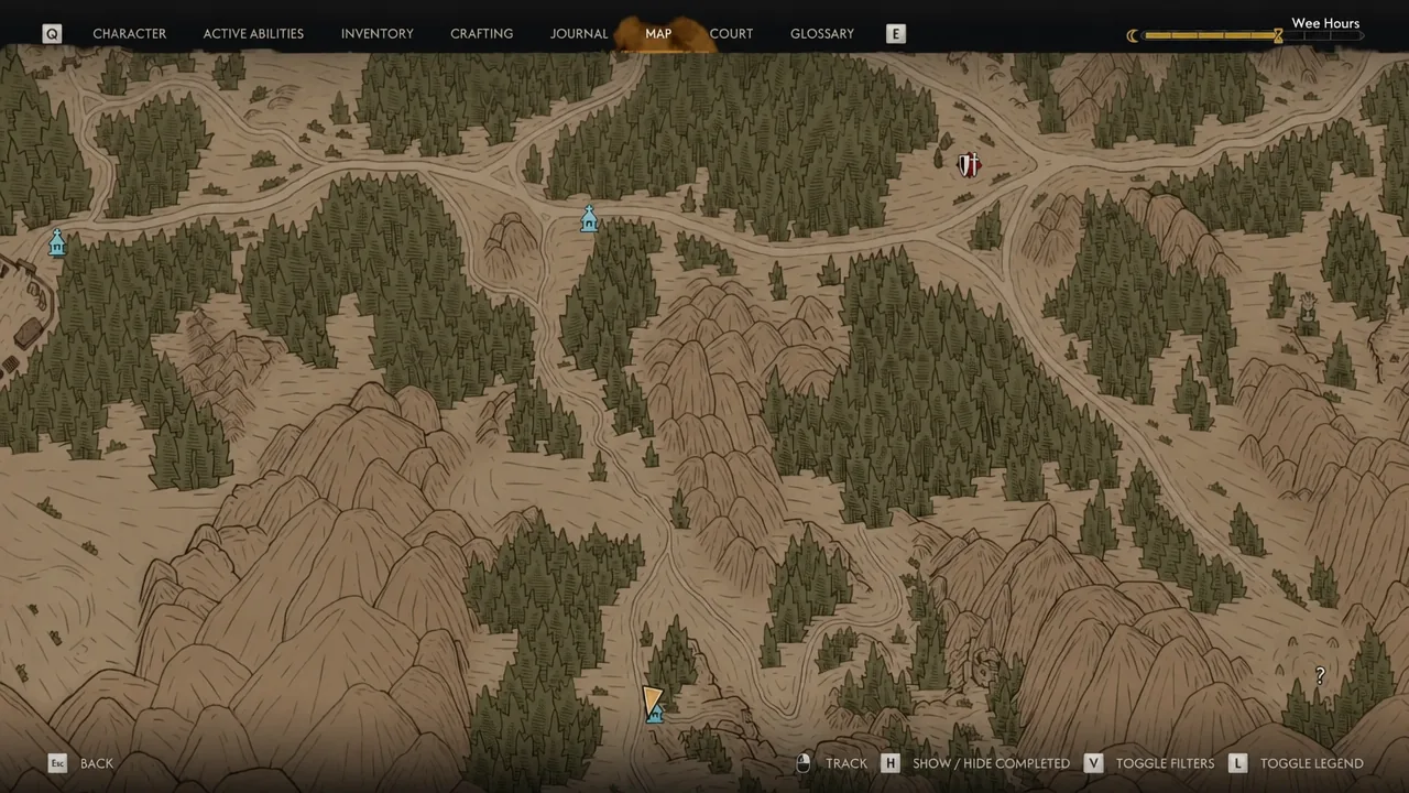 World map screen in The Blood of Dawnwalker with the tower marker southwest of The Silts