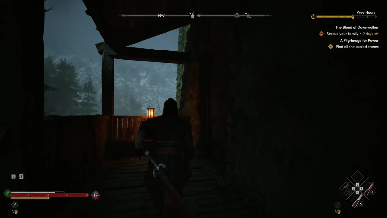 Wooden upper passage of the tower with the quest tracker listing the sacred stones objective