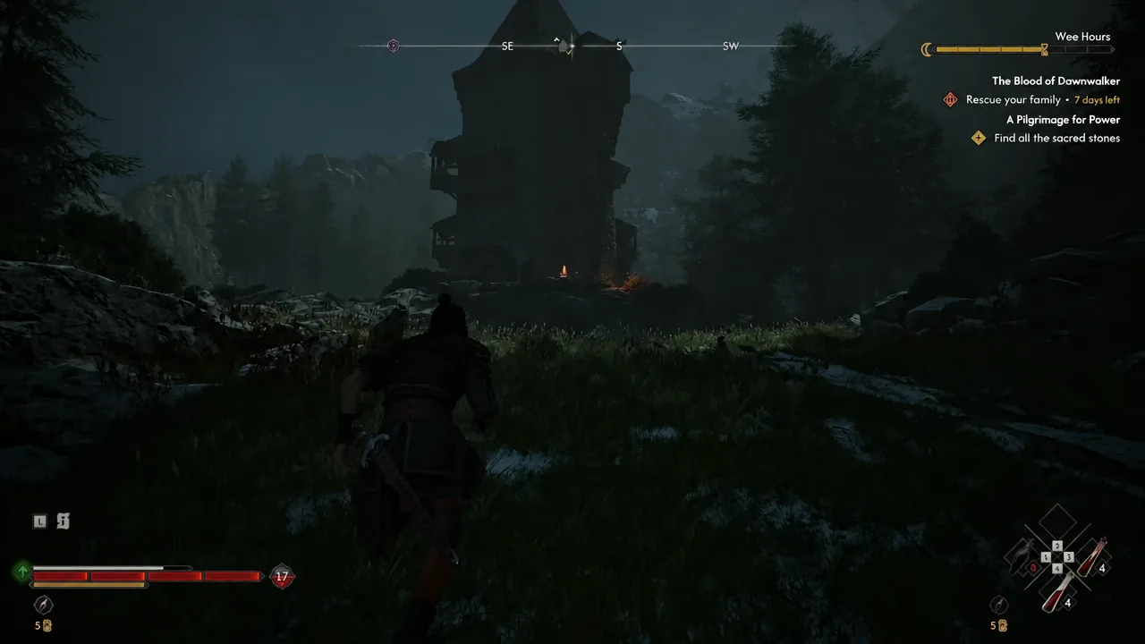 Coen riding toward the stone tower with the Rescue your family quest tracker on screen