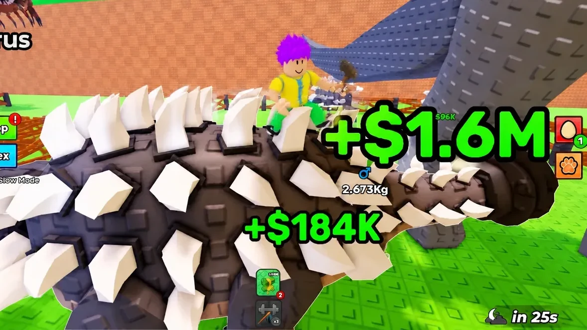 Steal An Egg player riding a spiked mount in an empty lobby with large cash reward popups on screen