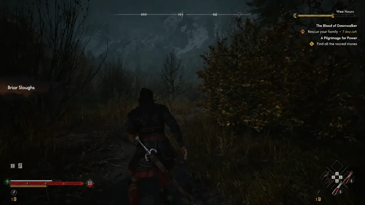 Player character running east through the dark Briar Sloughs marsh with the objective tracker on screen