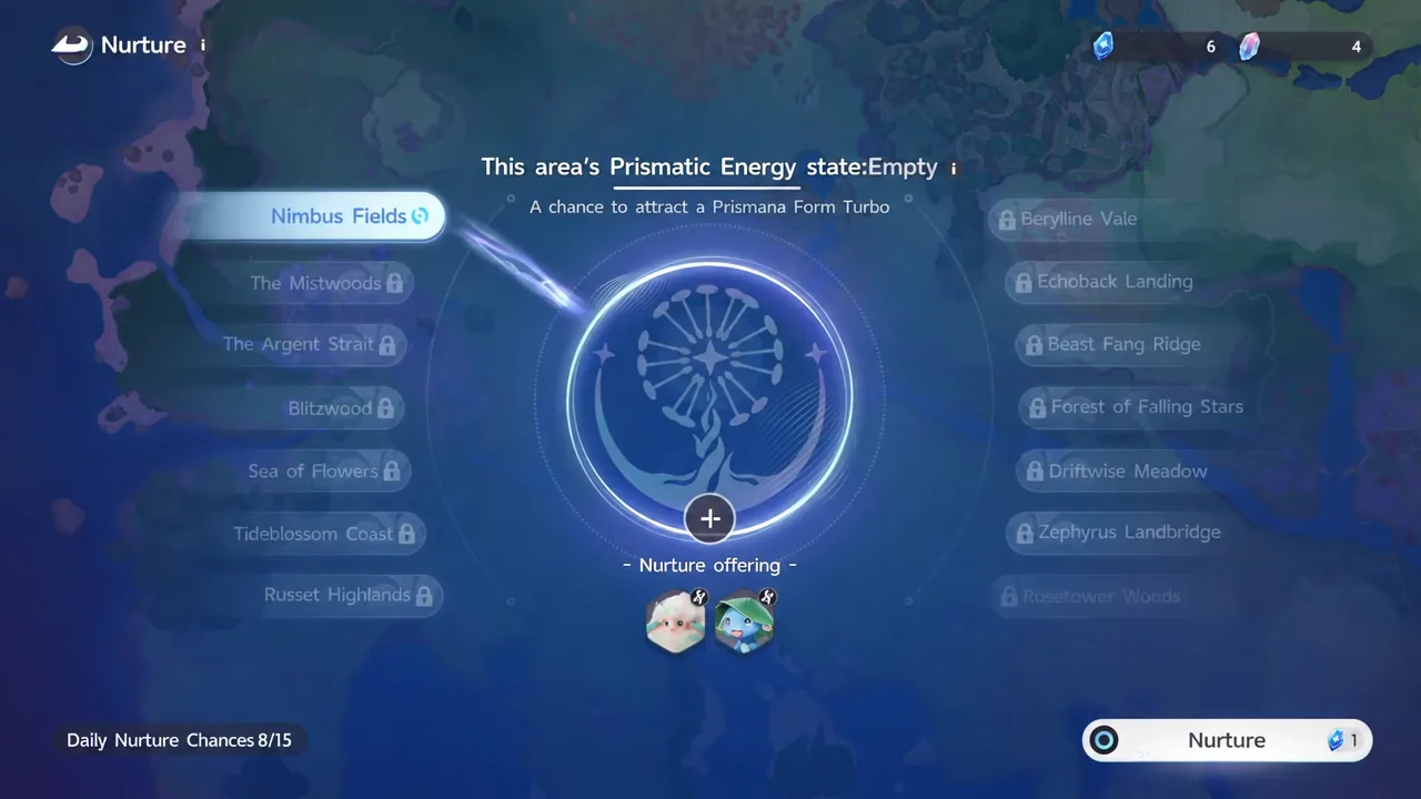 Nurture menu with Nimbus Fields selected and an empty Prismatic Energy slot awaiting an offering