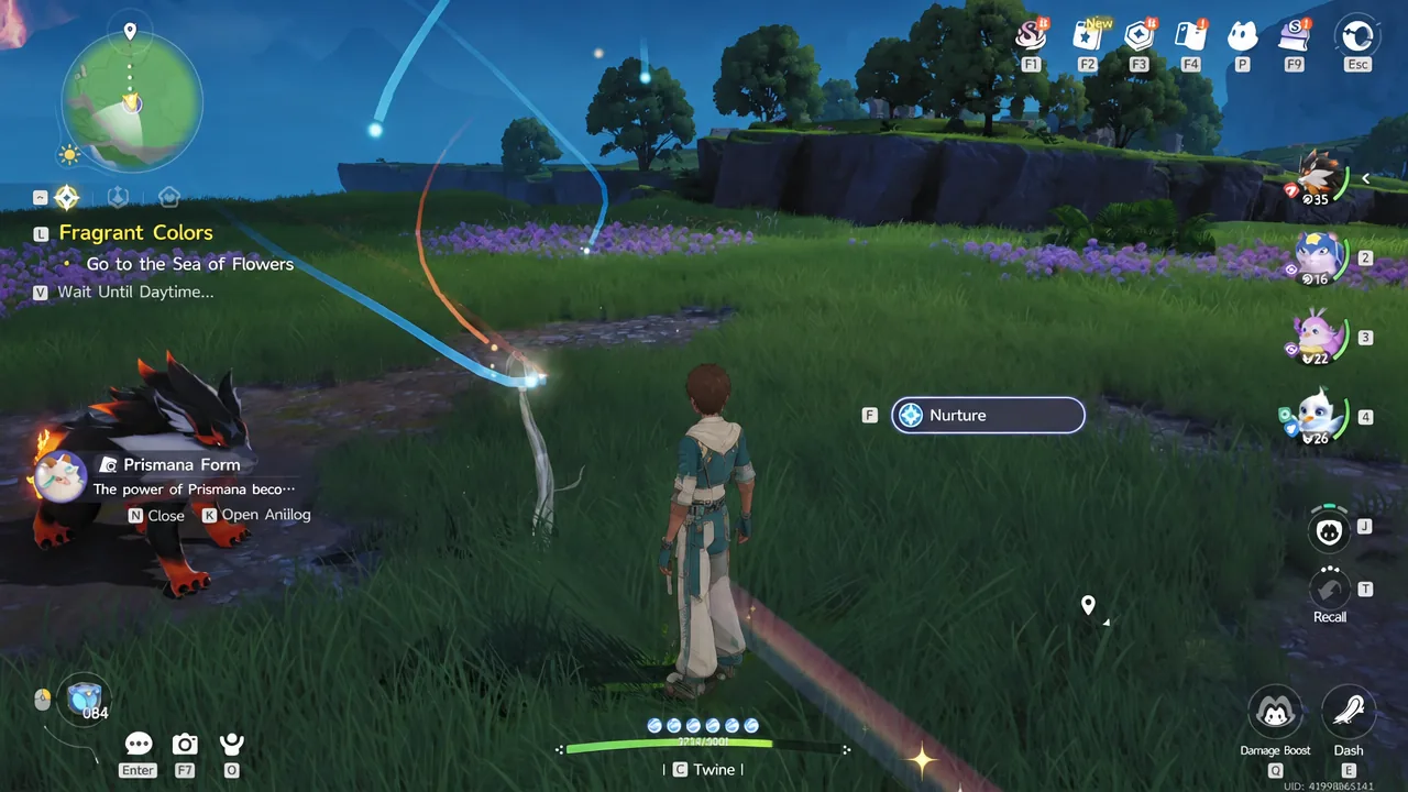 Nurture prompt highlighted over a glowing plant in the Nimbus Fields flower field
