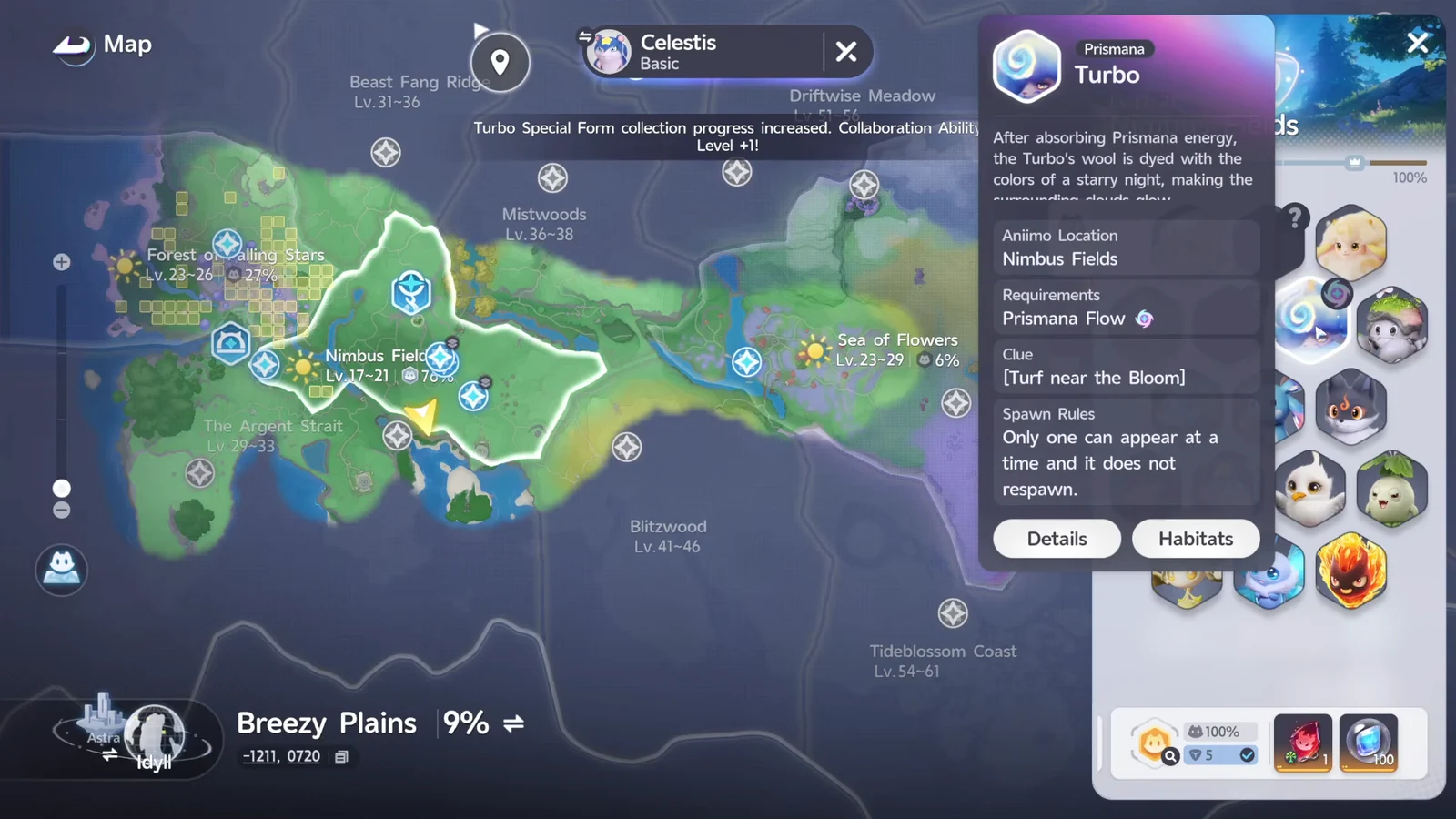 Map panel for Prismana Turbo listing its Nimbus Fields habitat and Prismana Flow spawn condition