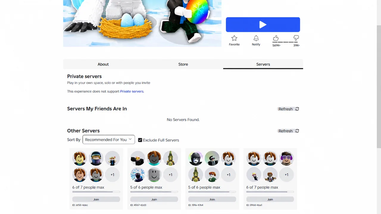Steal An Egg Servers tab with Other Servers and Join buttons, full servers excluded