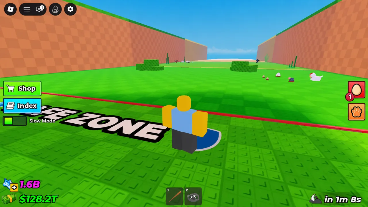 Steal An Egg gameplay with the avatar standing in the marked safe zone, no menus open
