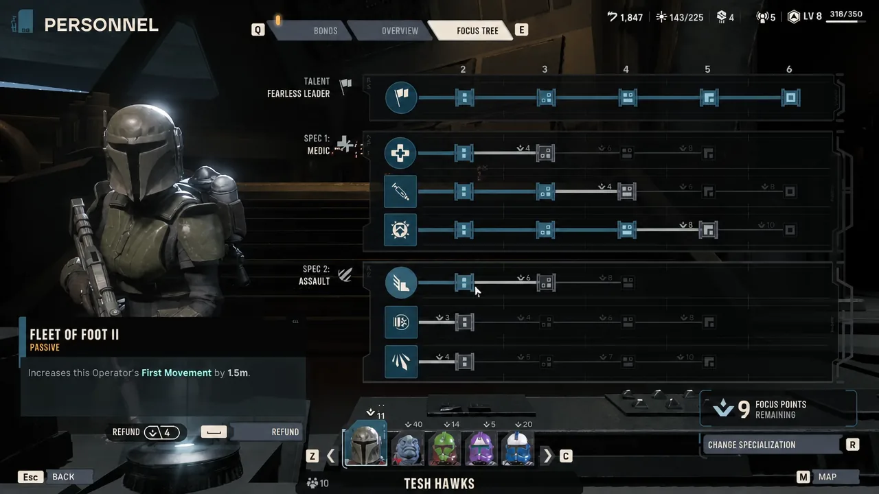 Fleet of Foot II node selected in the Focus Tree, showing its passive movement effect and a refund option