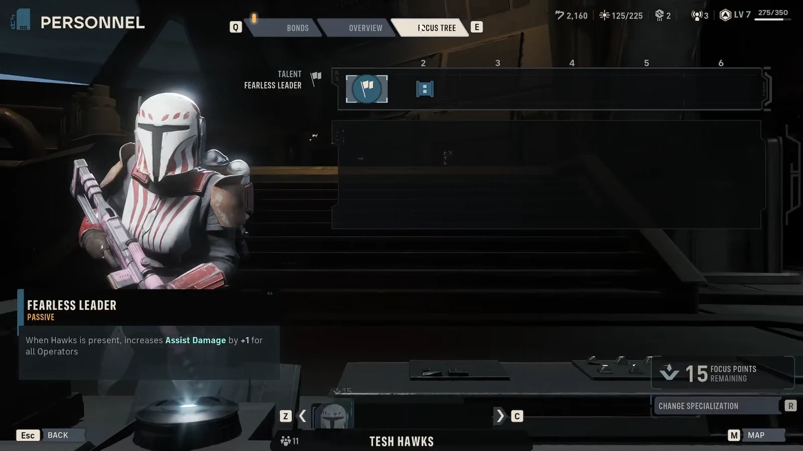 Focus Tree screen in the Den with the Fearless Leader passive talent selected and its Assist Damage bonus shown