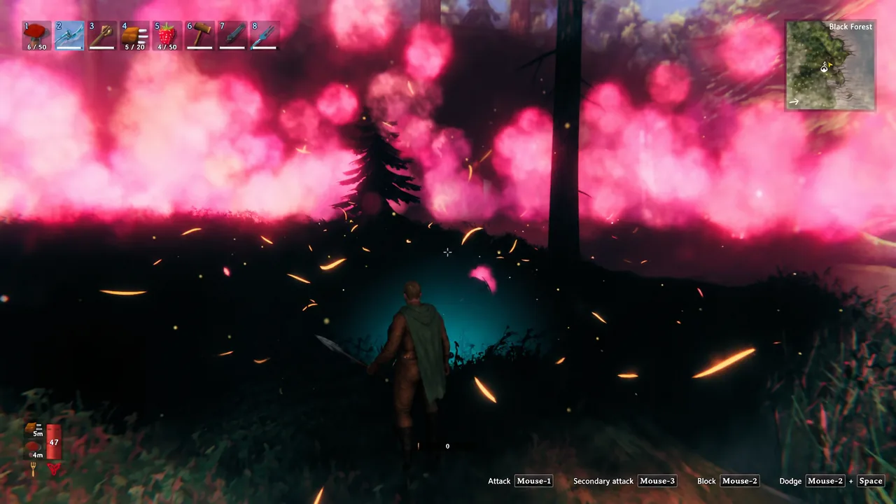Pink smoke bursting from The Elder as the loot drops in the Black Forest