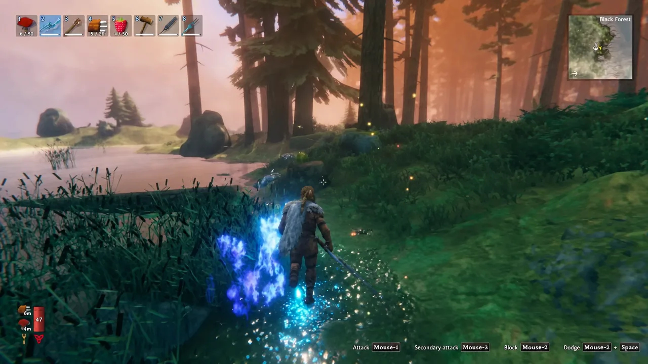 Player wading through shallow water in the Black Forest with a weapon drawn and hotbar slot 2 selected