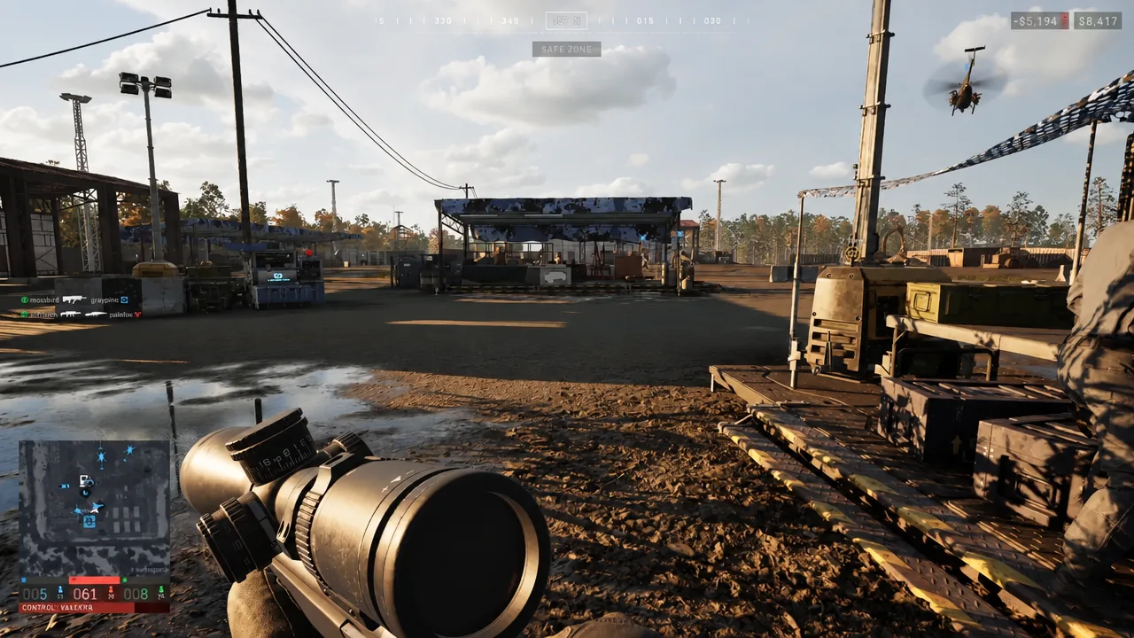 Scoped view across the WARDOGS safe zone on the way to the Vehicle Vendor station