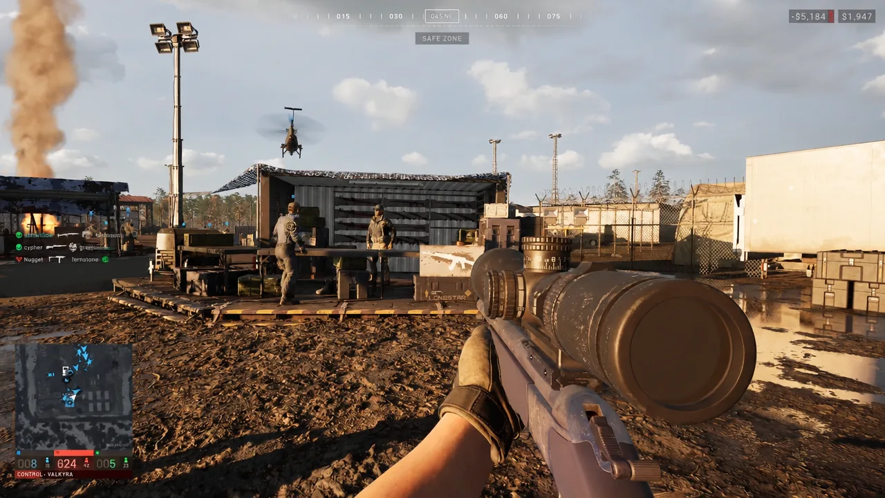 Player aims a scoped rifle toward two soldiers at a military outpost inside the WARDOGS safe zone