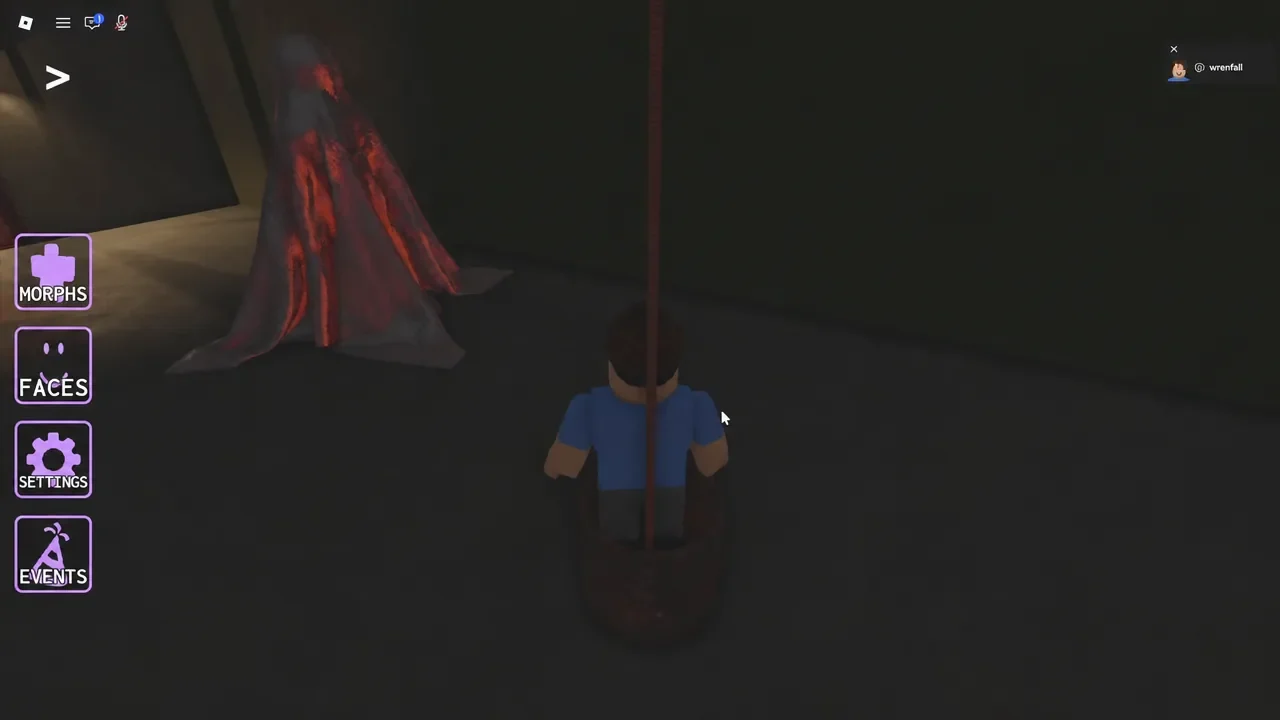 Avatar heading toward a glowing formation below the well, with the Morphs, Faces, Settings and Events buttons on screen