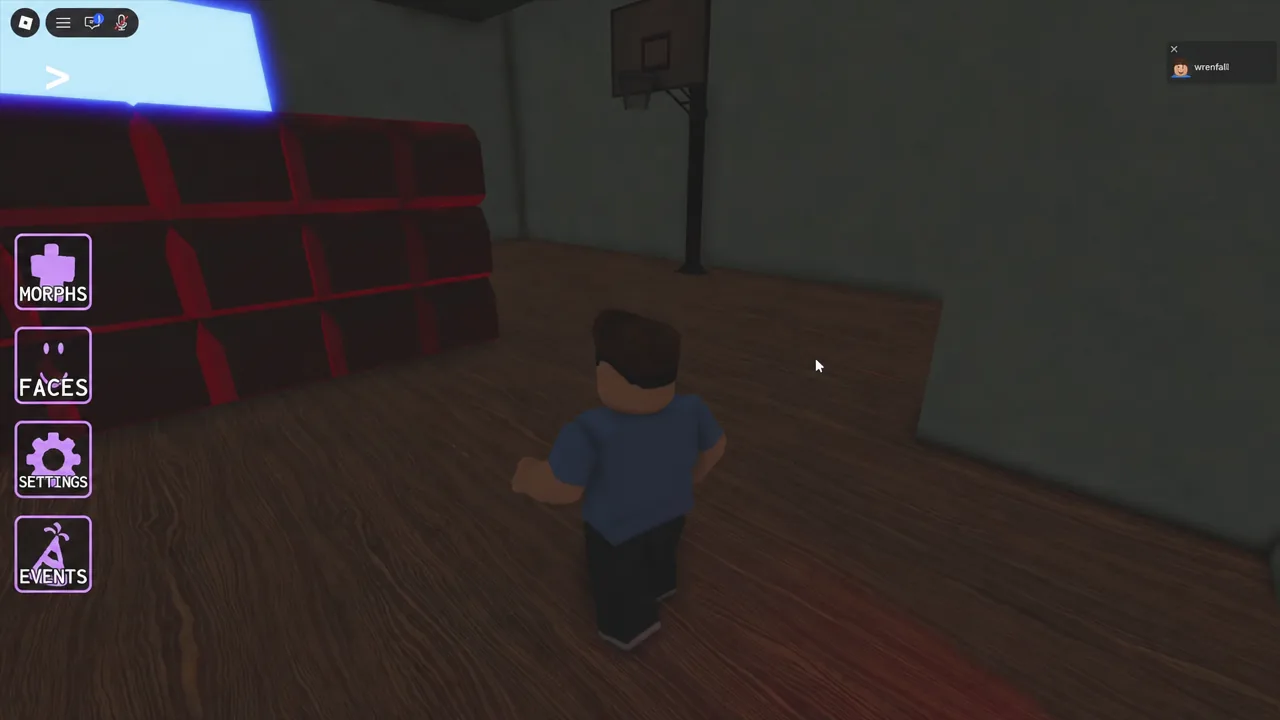 Avatar crossing the room past the basketball hoop with the menu buttons still visible