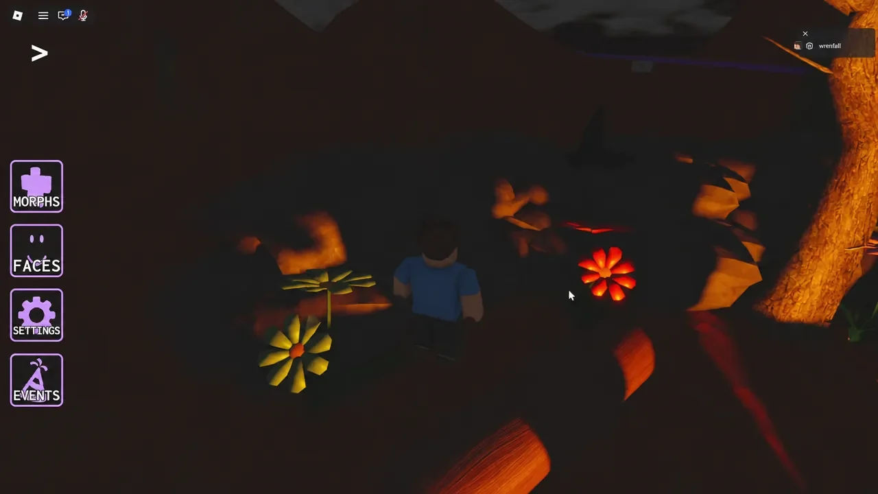 Avatar searching a dark, flower-lit outdoor stretch with the Morphs button on screen