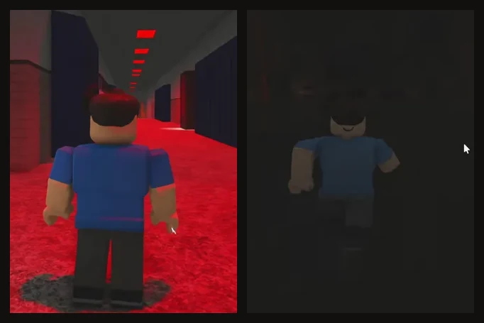 Side-by-side of the same school corridor, lit bright red on the left and almost pitch black on the right