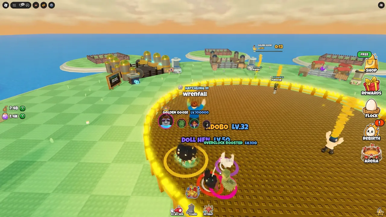 Main farm screen with a chicken hatching in the central field as players gather nearby