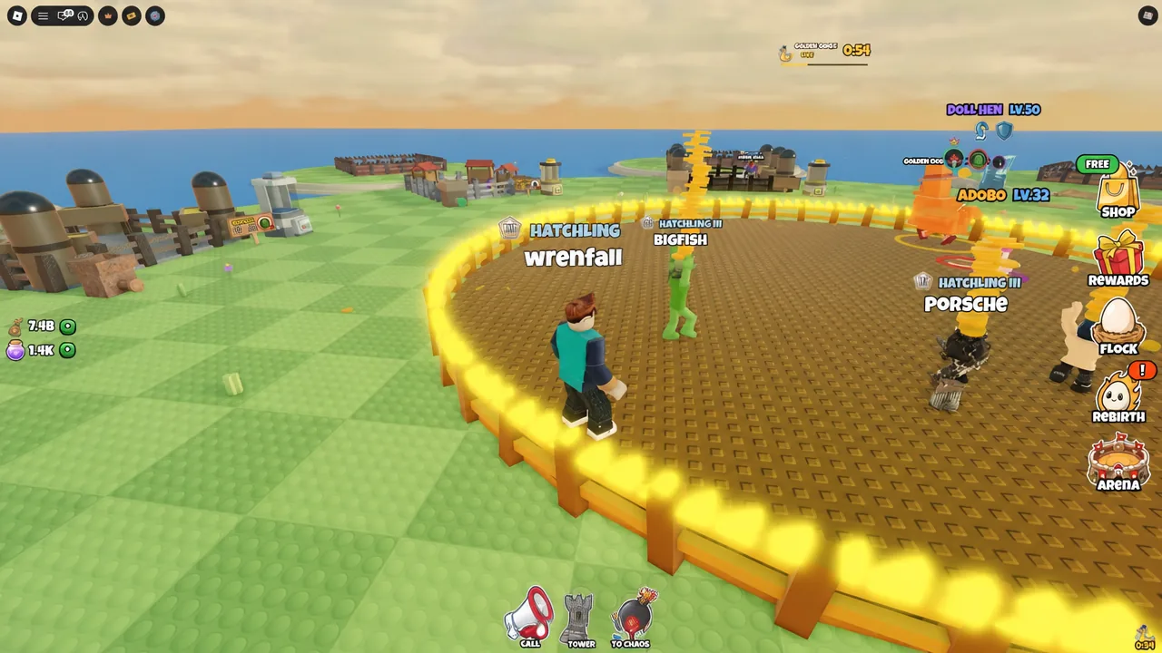 Grow a Chicken Fighter battle arena with several hatchling chickens on the field