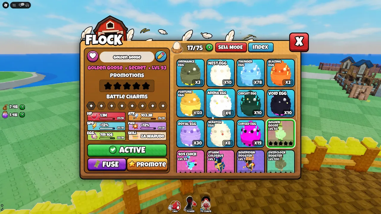 Flock index menu showing a selected Secret chicken with Active, Fuse, and Promote buttons