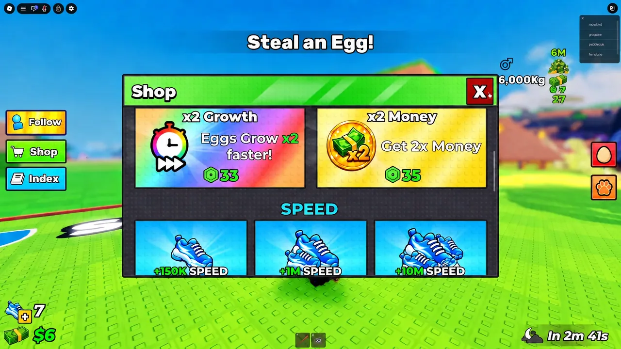 In-game Shop menu showing x2 Growth, x2 Money and Speed upgrade options