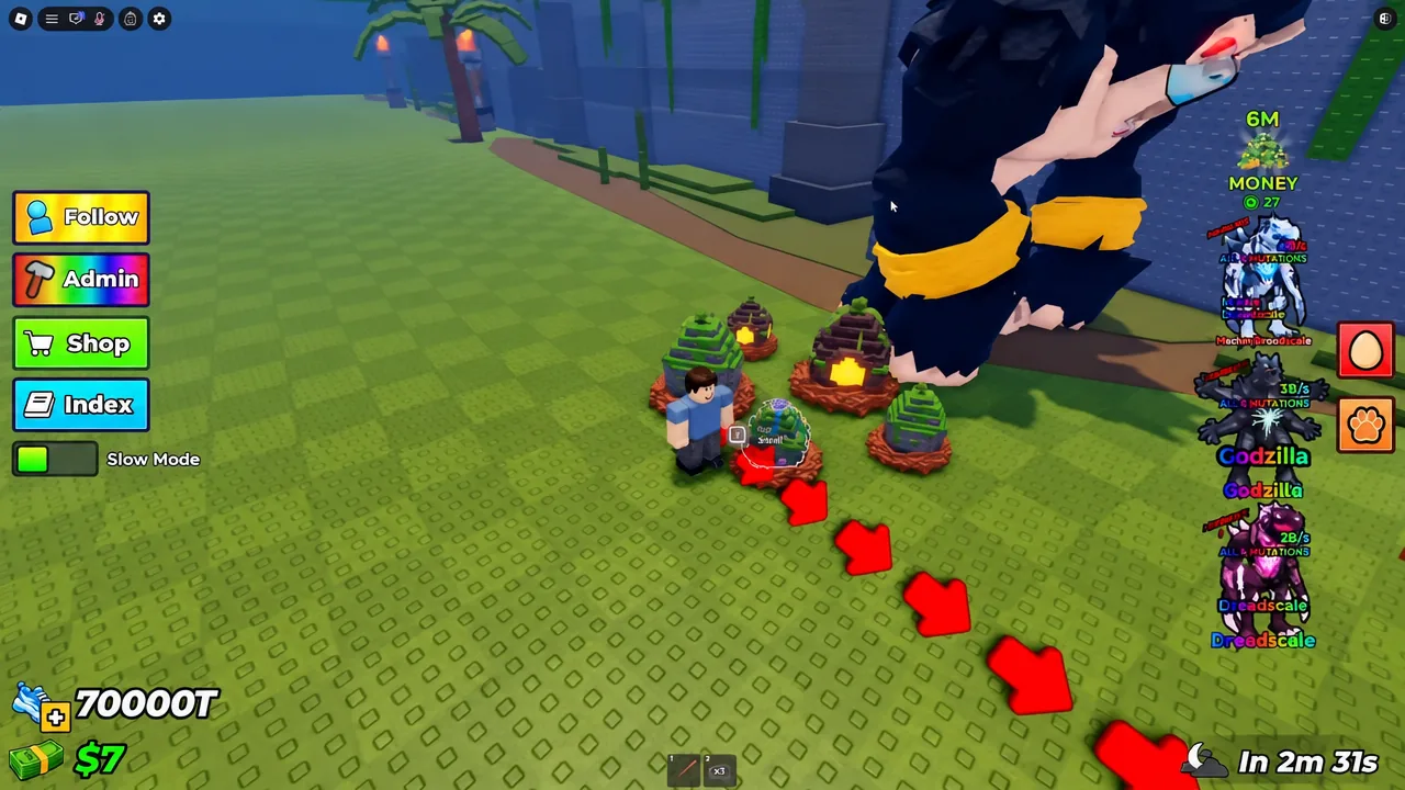 Steal An Egg gameplay with red ground arrows pointing toward the central plant interaction prompt